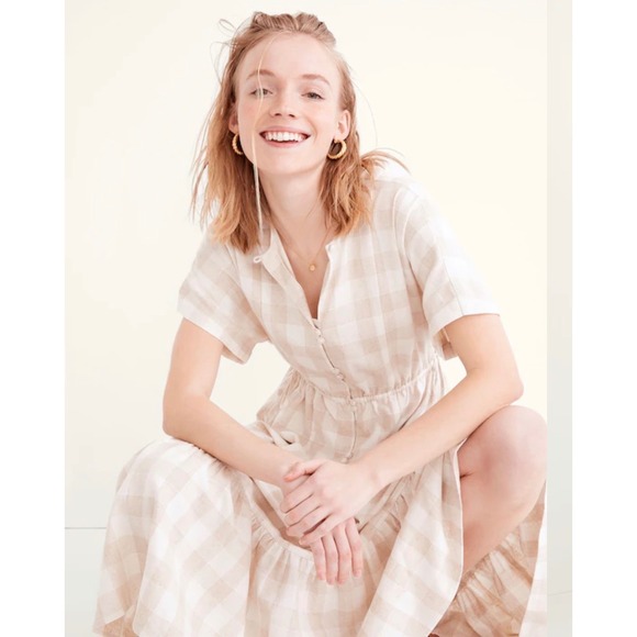 Madewell Dresses & Skirts - Madewell Button-Front Tiered Maxi Dress Neutral Gingham Linen Blend Oversized S